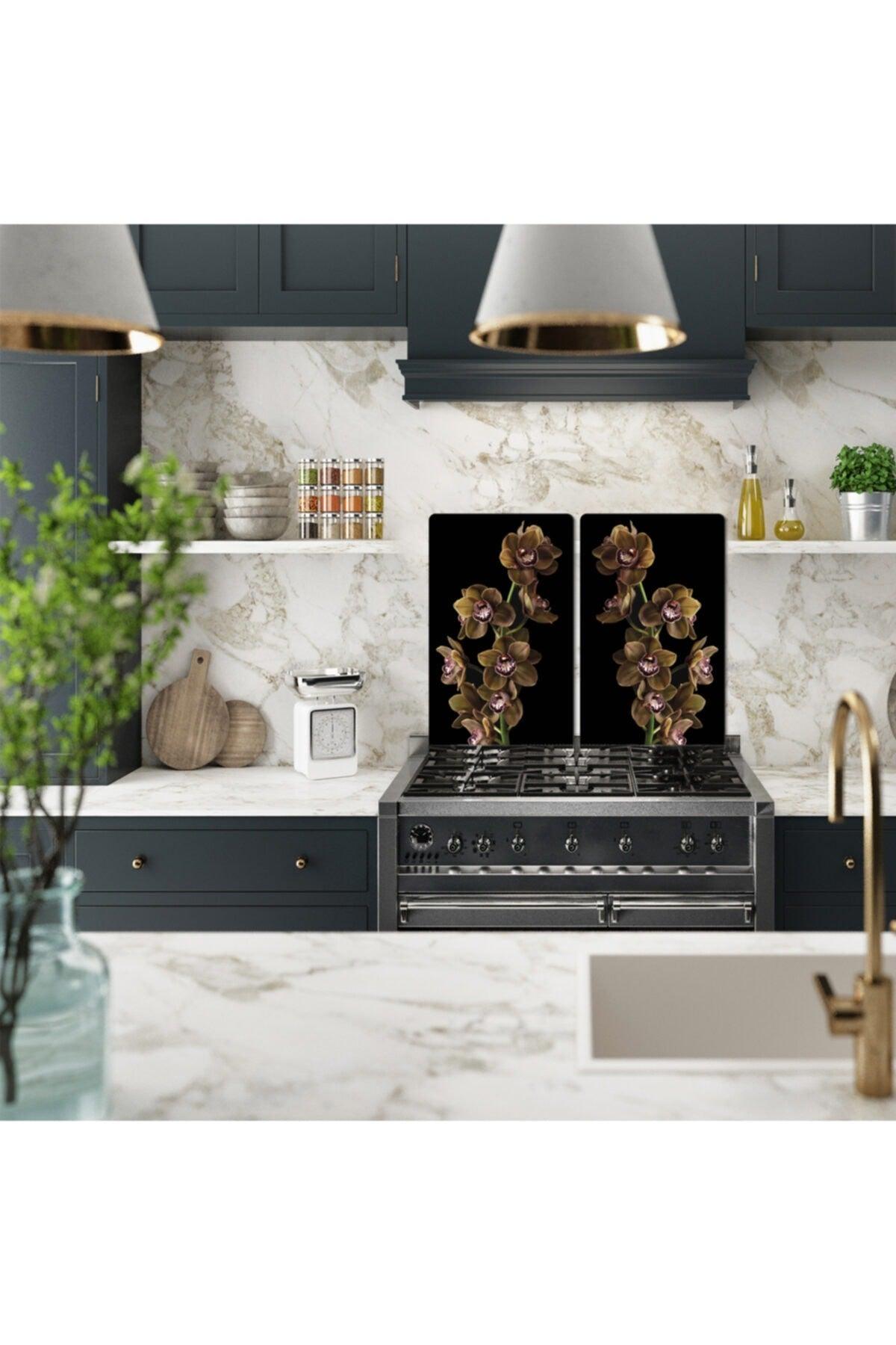 Decorative Glass Stove Protector And Cutting Board Brown Orchid (60cm X 52cm) 2 Pieces, 4 Cookers - Swordslife