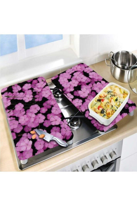 Decorative Glass Stove Protector And Cutting Board Multiple Purple Flowers 60cm X 52cm 2 Pieces, 4 Cookers - Swordslife