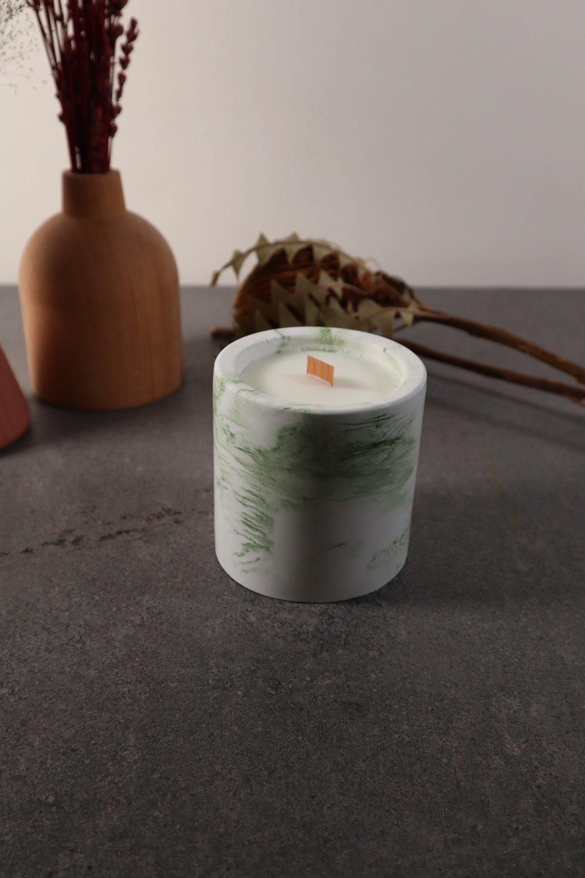Decorative Green Marble Look Concrete Candle , Soy Wax Bamboo Wick - Swordslife