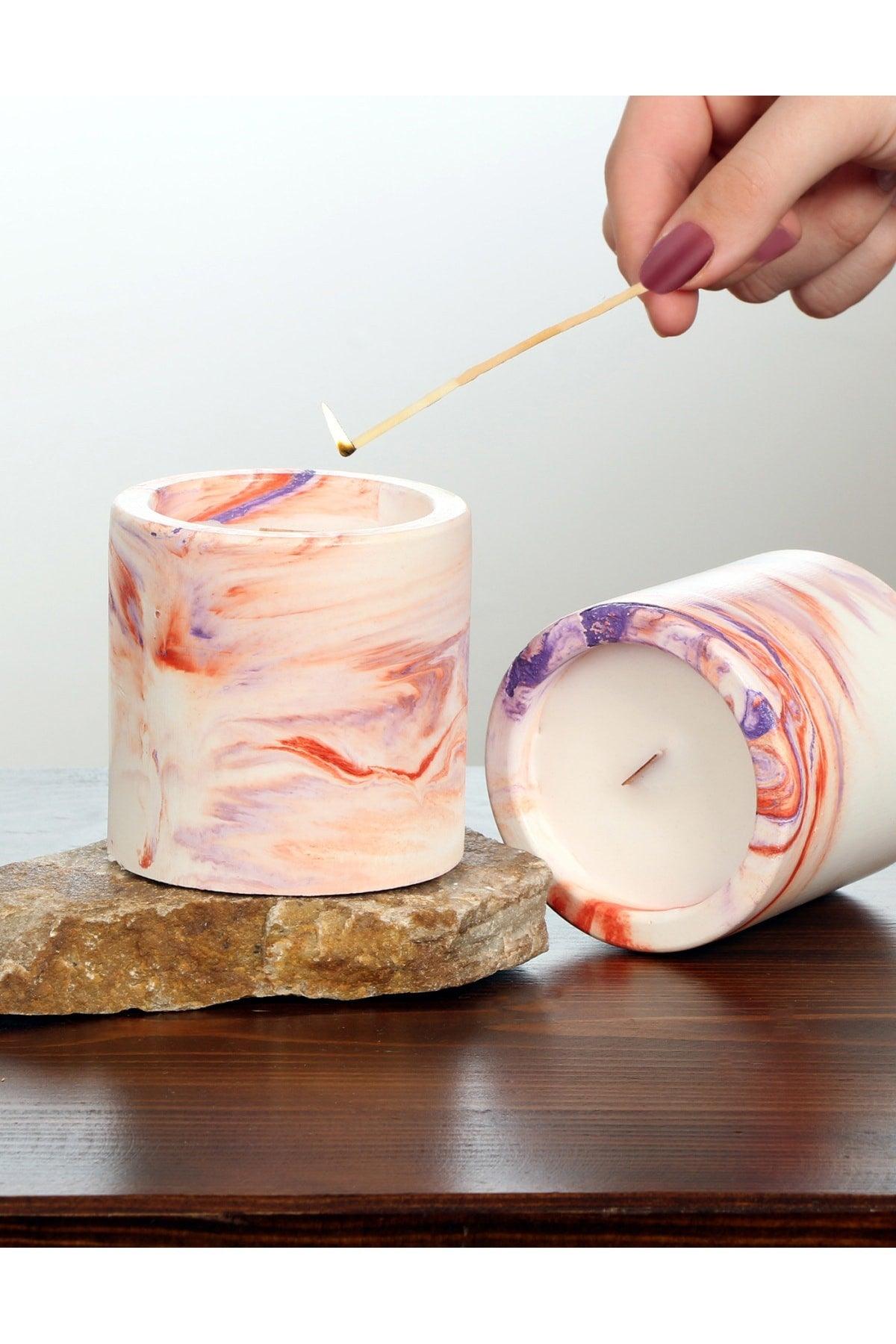 Decorative Orange-purple Marble Look Scented Concrete Candle , Soy Wax Bamboo Wick - Swordslife