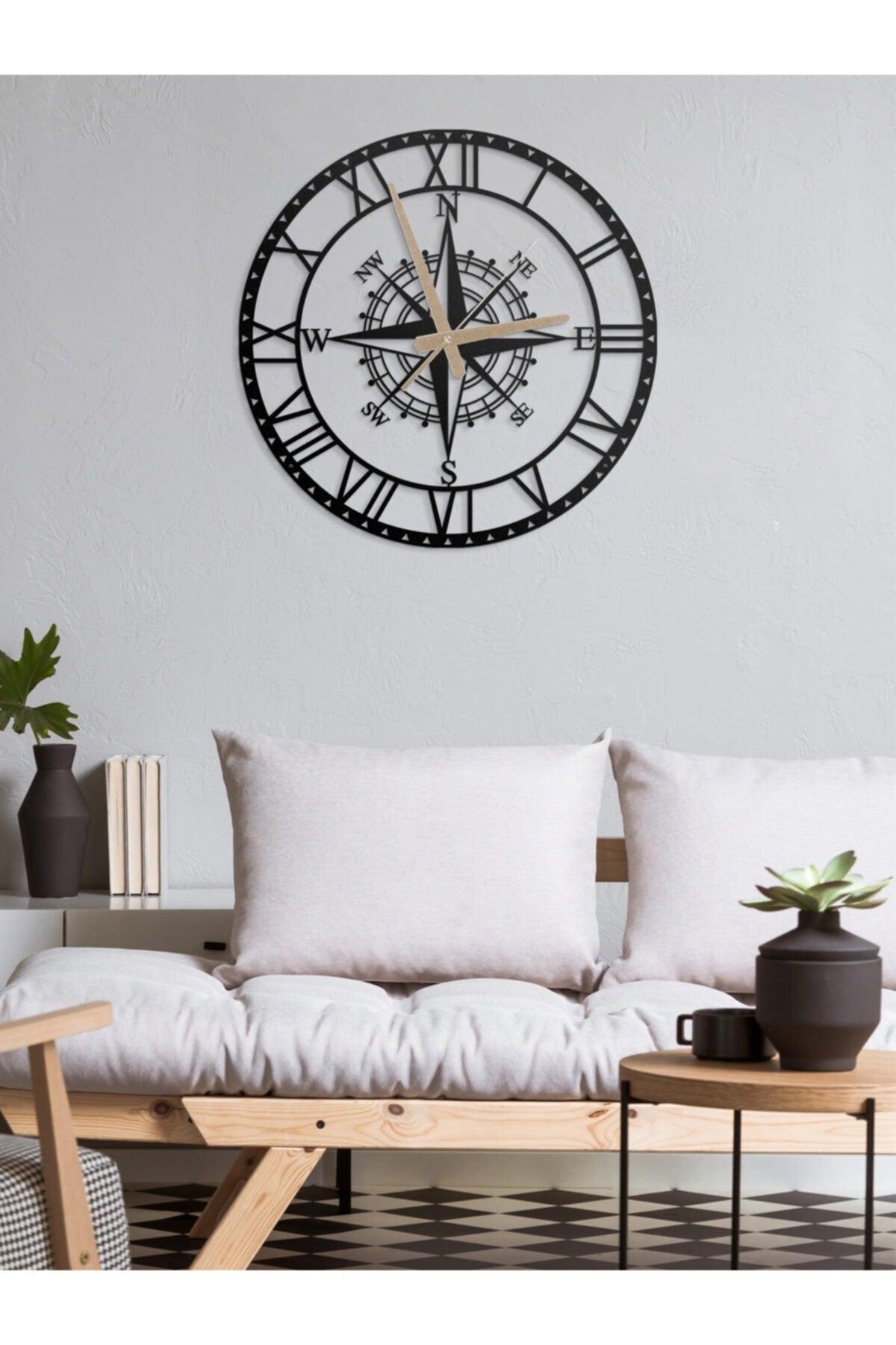 Decorative Roman Numeral Metal Wall Clock Compass Themed 45x45cm - Swordslife