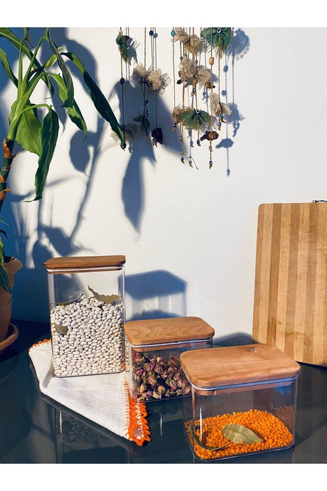 Decorative Wooden Lid Storage Container 3 Pcs. 2 Pcs. 1000 ml - 1 Pcs. 2000 ml - Swordslife