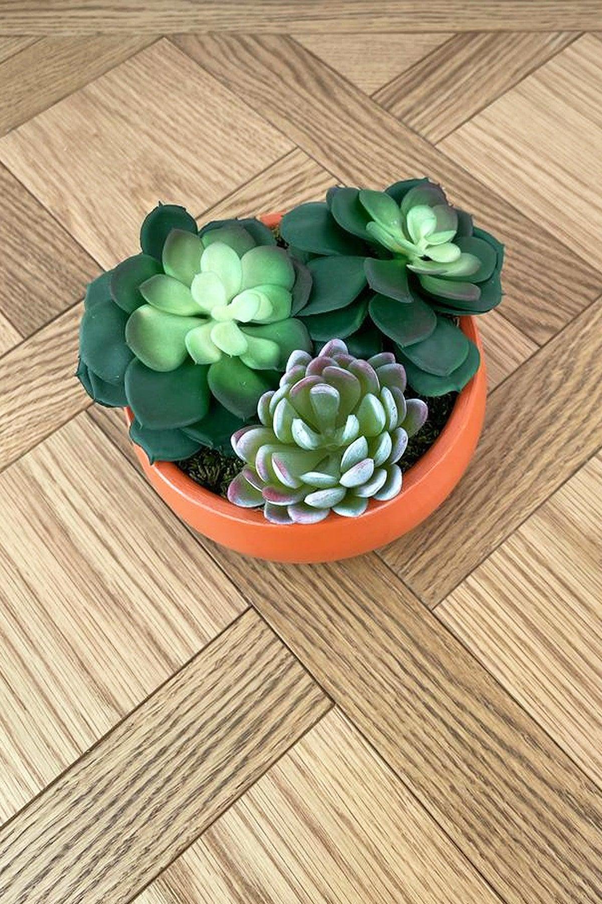 Artificial Flower / Artificial Succulent Arrangement in Deep Decorative Plate -orange - Swordslife