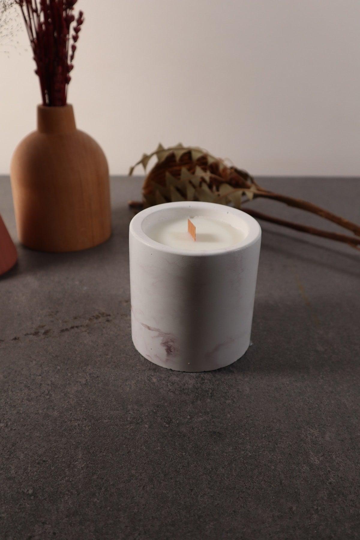 Decorative Antique Red Marble Look Concrete Candle , Soy Wax Bamboo Wick - Swordslife