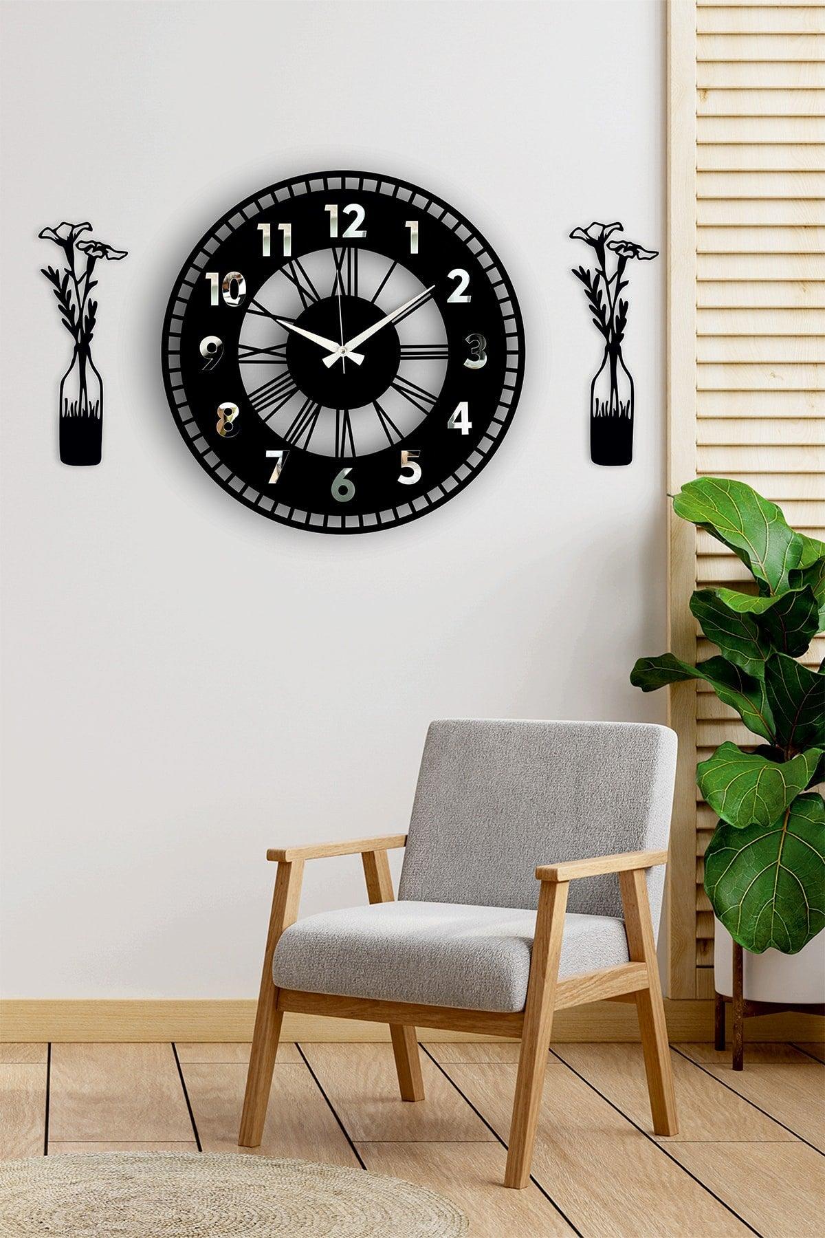 Decorative Mirrored Wall Clock + Vase Painting Silver - Swordslife