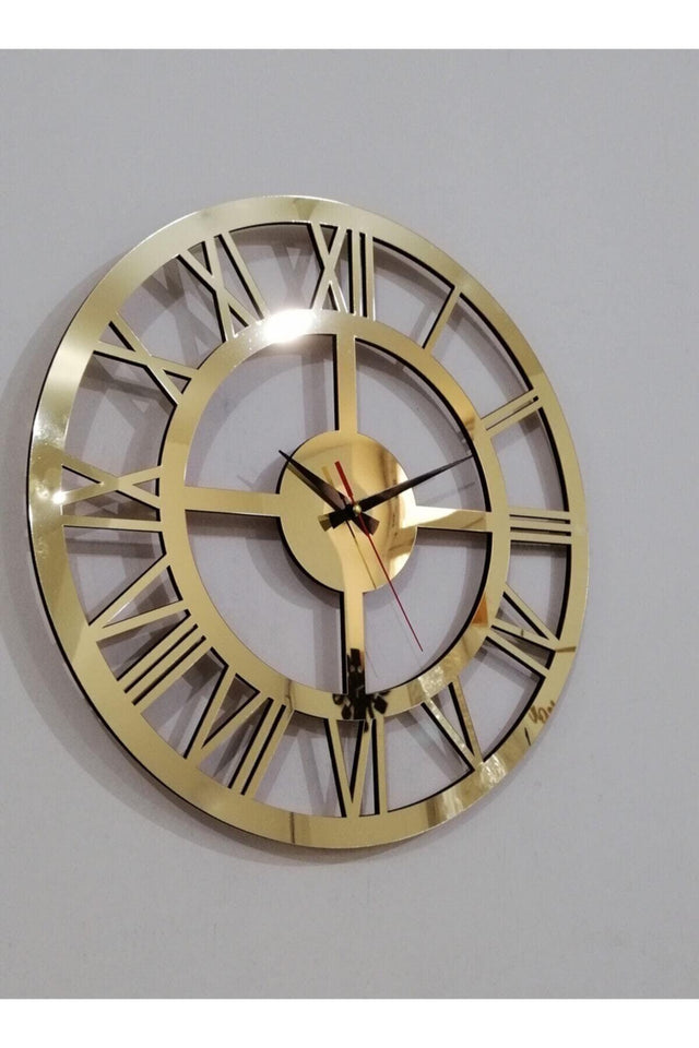 Decorative Mirrored Gold Plexi Wooden Wall Clock with Roman Numerals - Swordslife