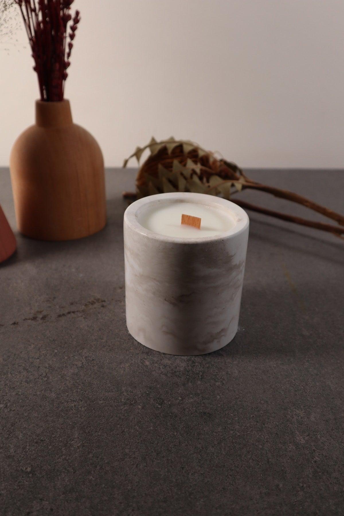 Decorative Mink Marble Look Concrete Candle , Soy Wax Bamboo Wick - Swordslife