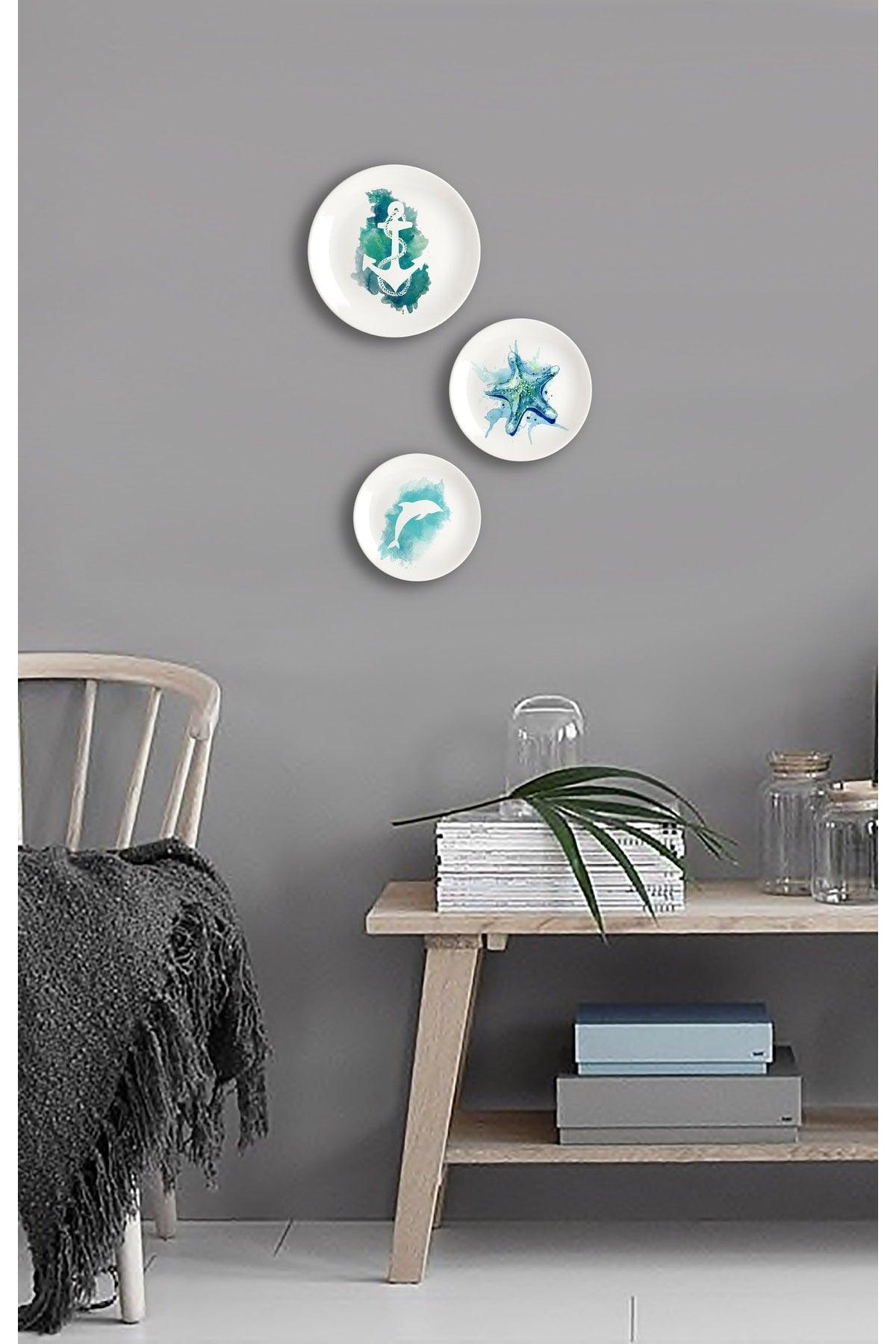 Marine Themed Printed Porcelain 3 Wall Plate Set V1 - Swordslife