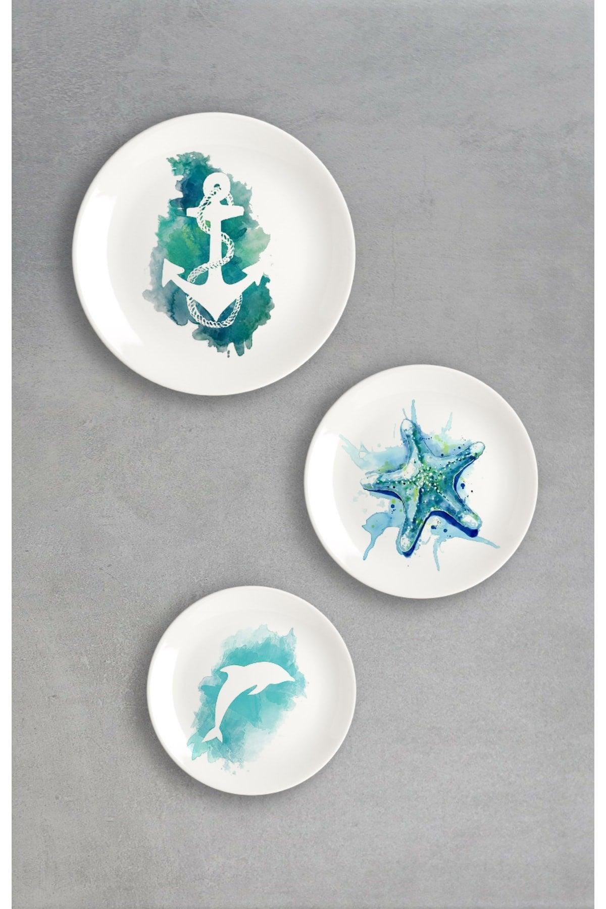 Marine Themed Printed Porcelain 3 Wall Plate Set V1 - Swordslife