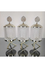 Deren Large Size Silver Triple Crystal Spice Set , Metal Cross Three Legs Counter Top Jar Set - Swordslife