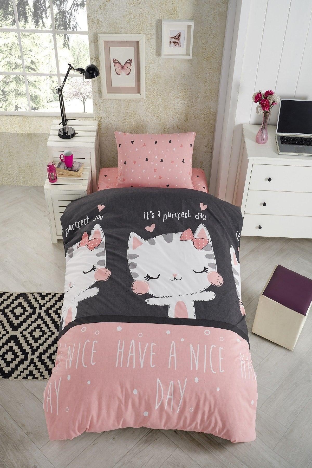 Natural Healthy Cotton Cat Black-Pink Single Child Duvet Cover Set - Swordslife