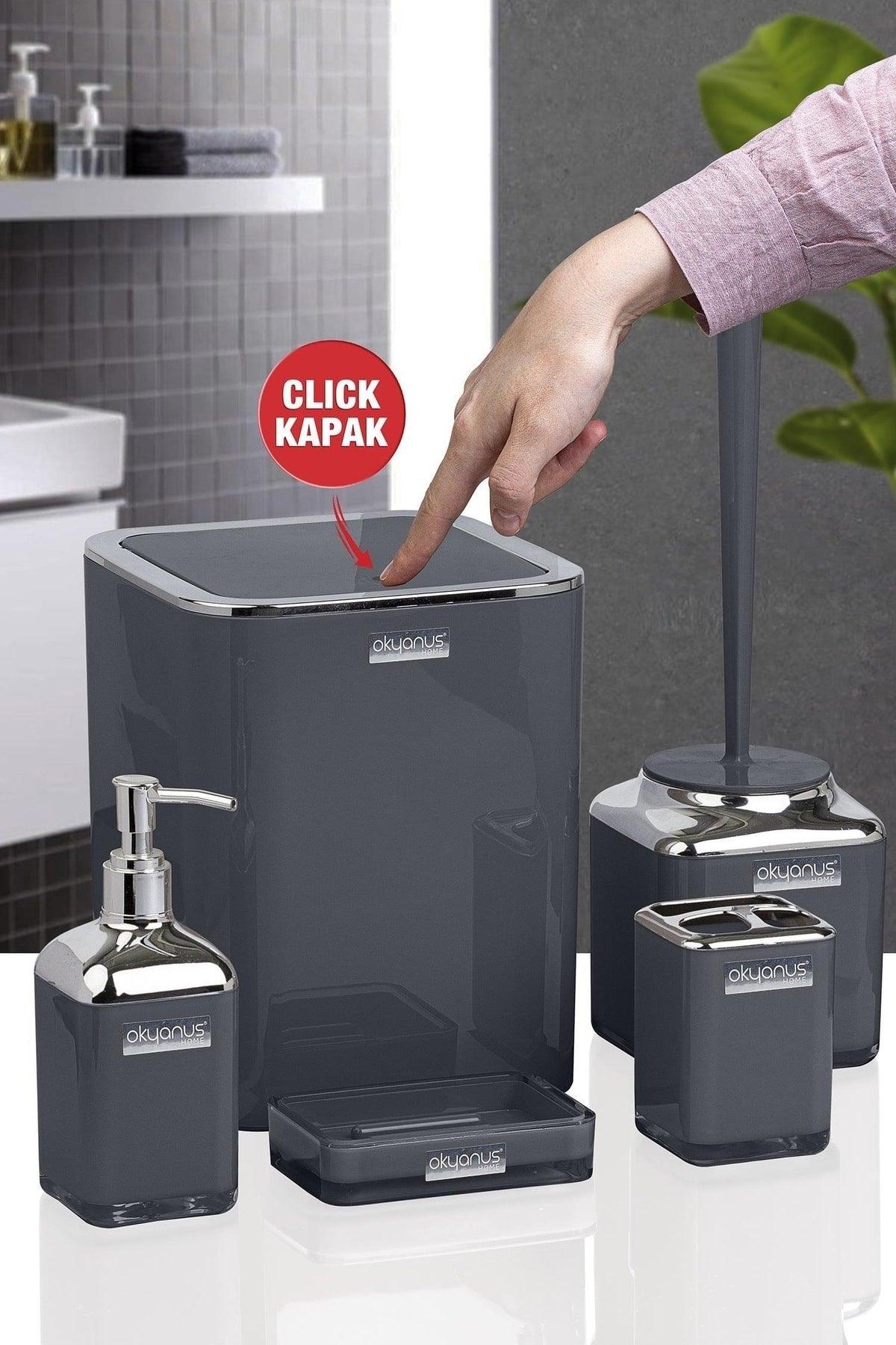 Double Printed Anthracite Chrome Square Click Cover Bathroom Set of 5 - Swordslife