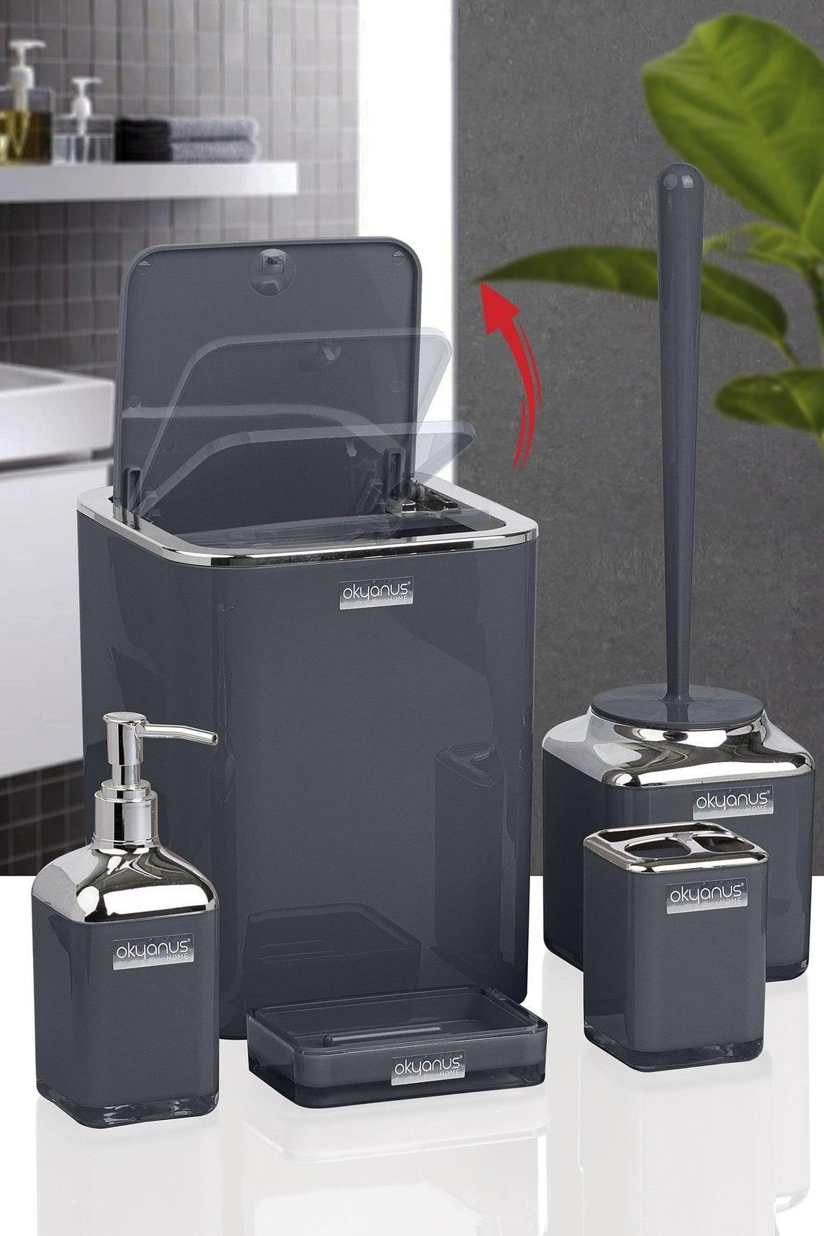 Double Printed Anthracite Chrome Square Click Cover Bathroom Set of 5 - Swordslife