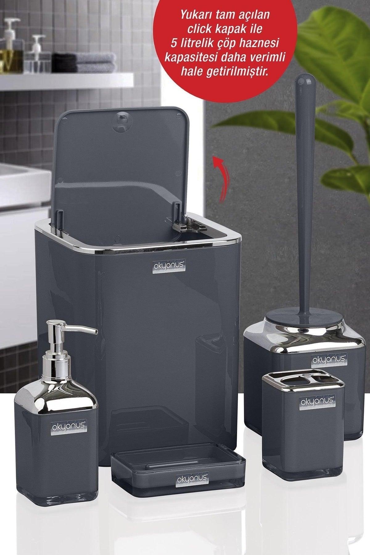 Double Printed Anthracite Chrome Square Click Cover Bathroom Set of 5 - Swordslife