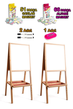 Double-sided magnetic whiteboard with learning magnet set