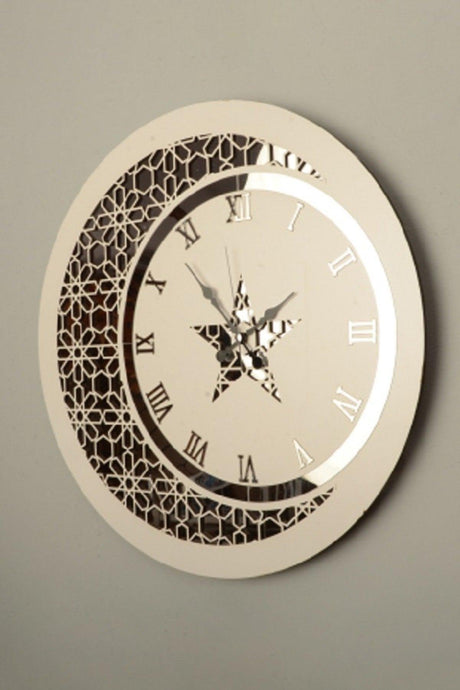 Wall Clock Wooden And Mirror With Moon Star Motif - Swordslife