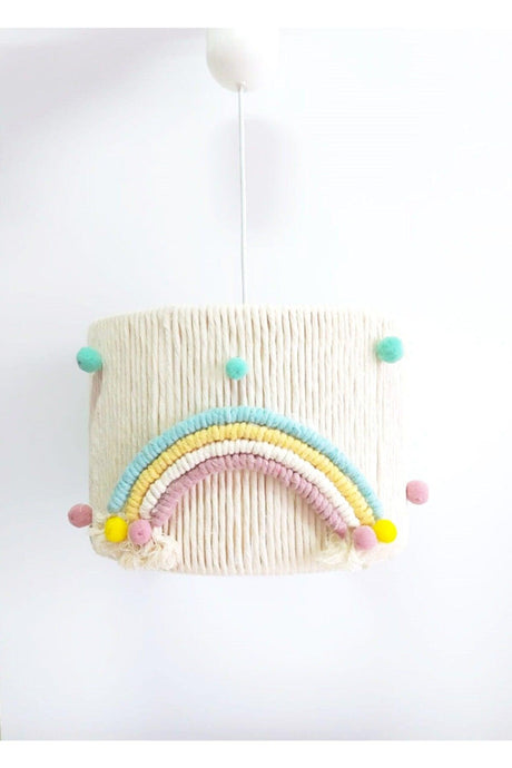 Ecru Macrame Thread Wrapped Colorful Rainbow Detailed Pompom Baby Girl and Child Room Pendant Lamp Chandelier - Swordslife