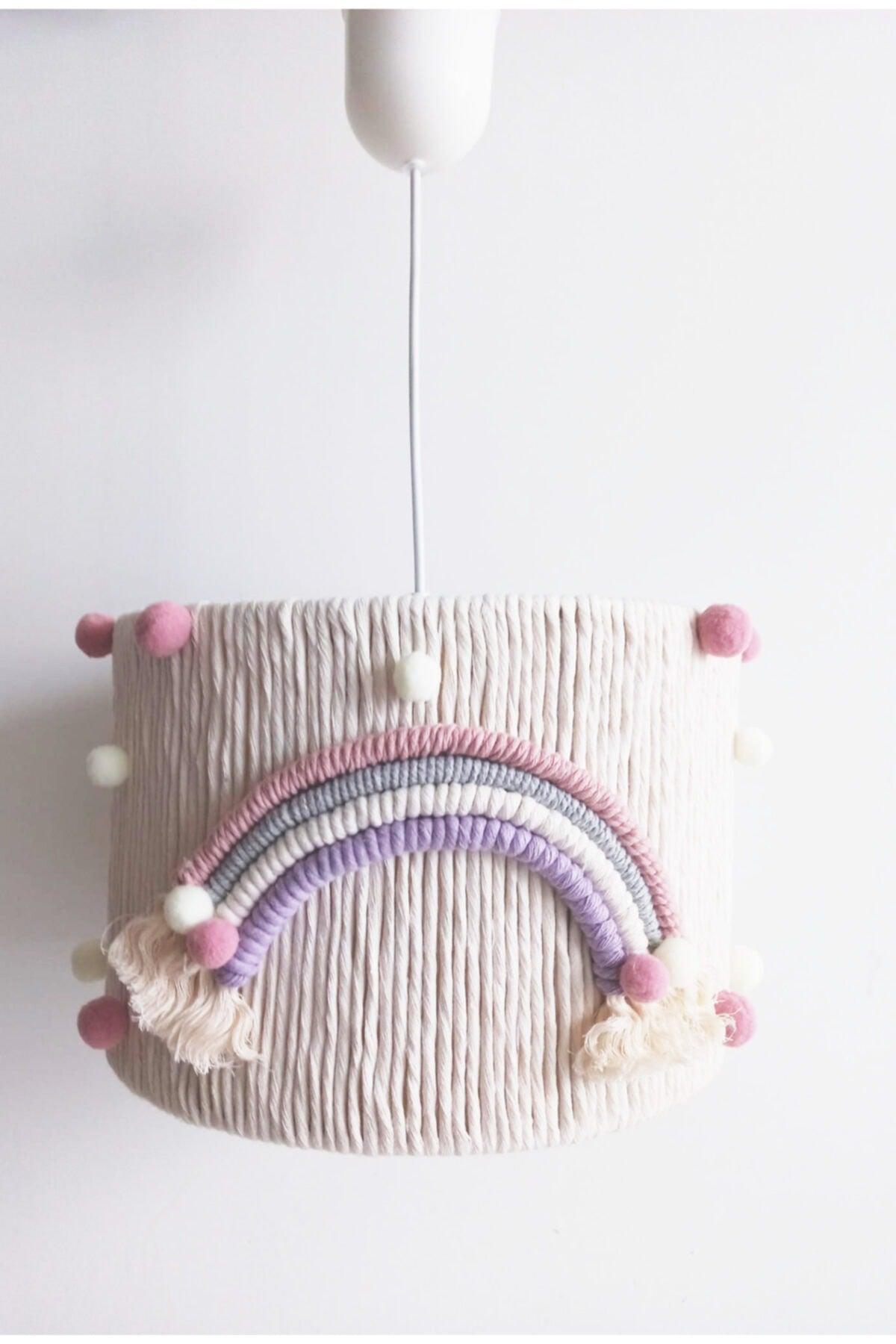Ecru Macrame Thread Wrapped Colorful Rainbow Pink Ecru Pompom Baby Girl Kids Room Pendant Lamp Chandelier - Swordslife