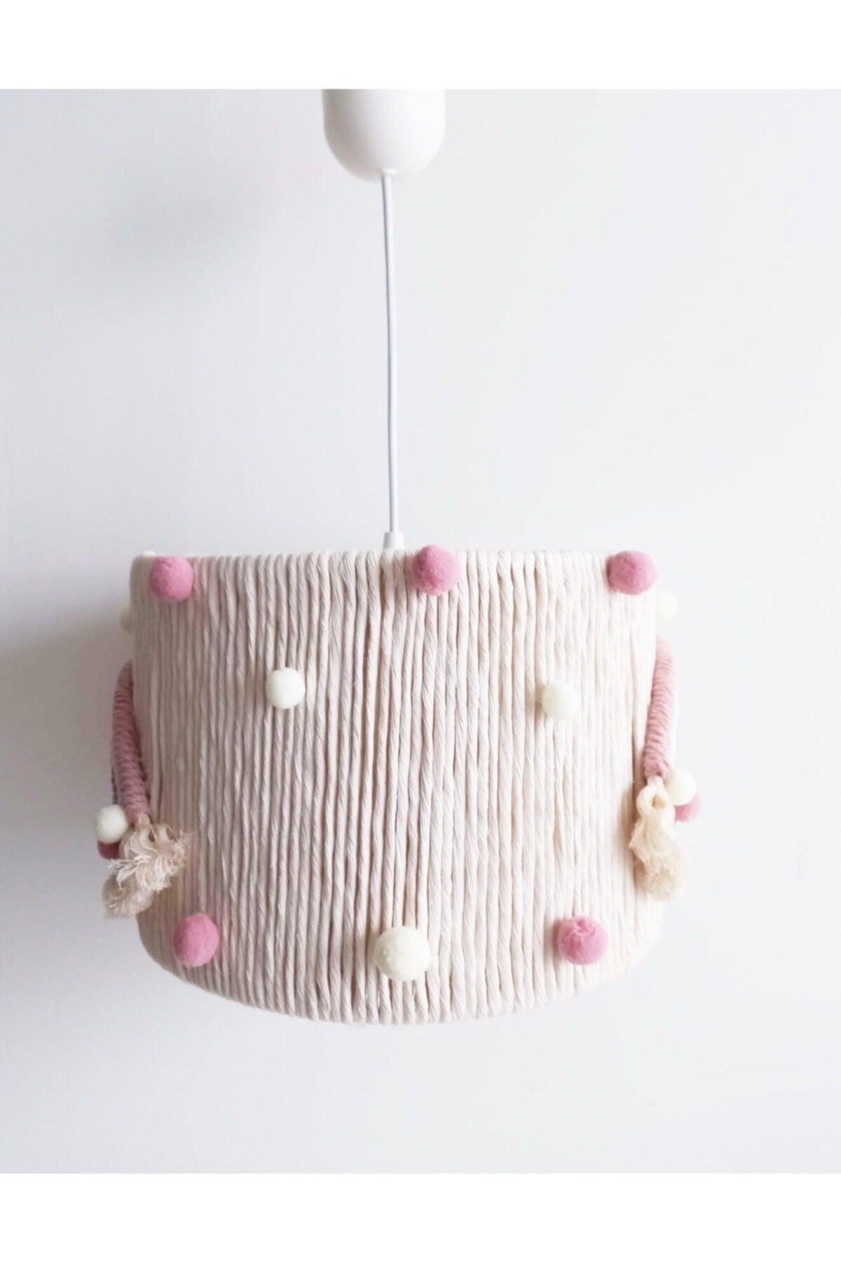 Ecru Macrame Thread Wrapped Colorful Rainbow Pink Ecru Pompom Baby Girl Kids Room Pendant Lamp Chandelier - Swordslife