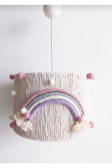 Ecru Macrame Thread Wrapped Colorful Rainbow Pink Ecru Pompom Baby Girl Kids Room Pendant Lamp Chandelier - Swordslife