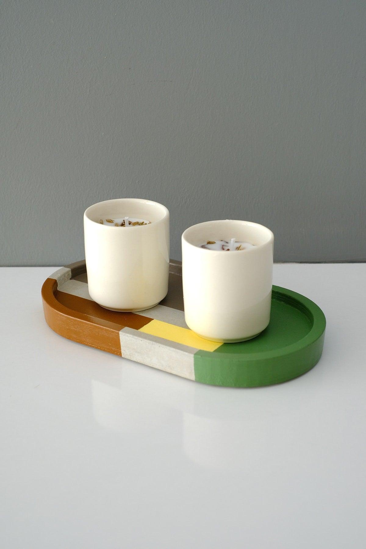 Handmade Concrete Mixed Colors Tray - 2 Pieces Porcelain / Soy Candle Set Concept - Swordslife