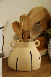 Handmade Striped Wide Handled Decorative Ceramic Vase & Ceramic Cutlery - Swordslife