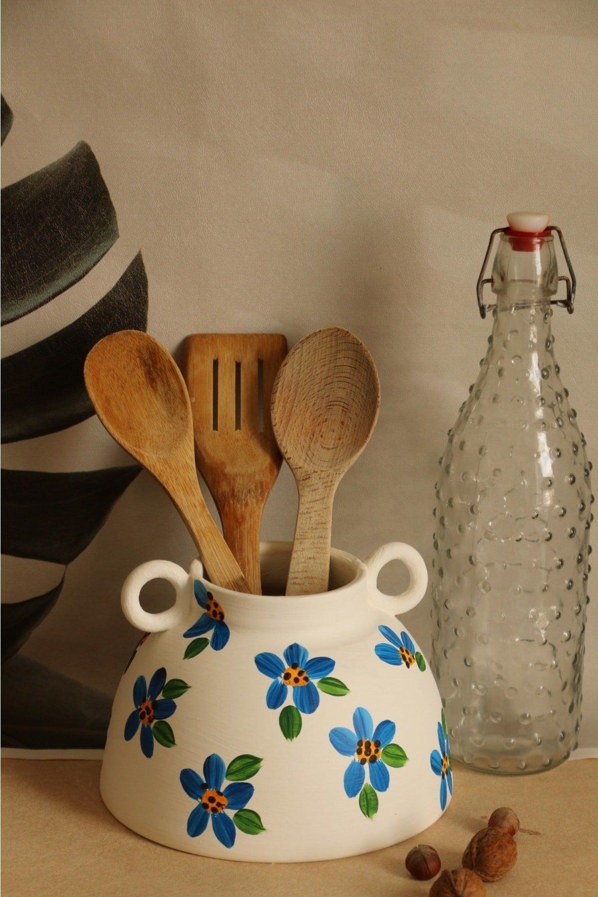 Handmade Blue Daisy Patterned Decorative Handled Ceramic Vase & Ceramic Cutlery - Swordslife