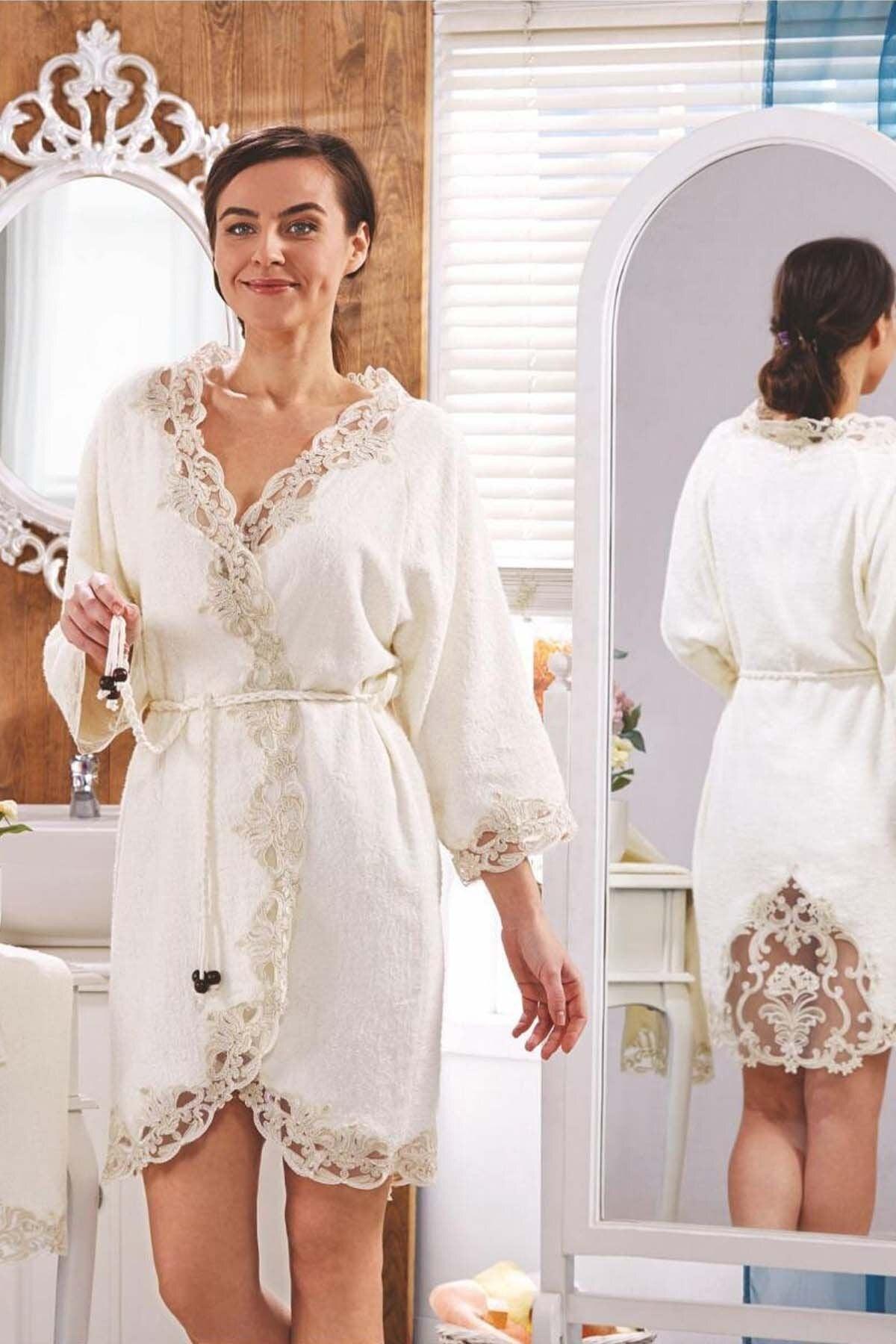 Elena Cream Ladies French Lace Dowry Bridal Bath Honeymoon Bathrobe Set - Swordslife