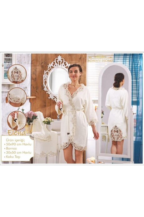 Elena Cream Ladies French Lace Dowry Bridal Bath Honeymoon Bathrobe Set - Swordslife