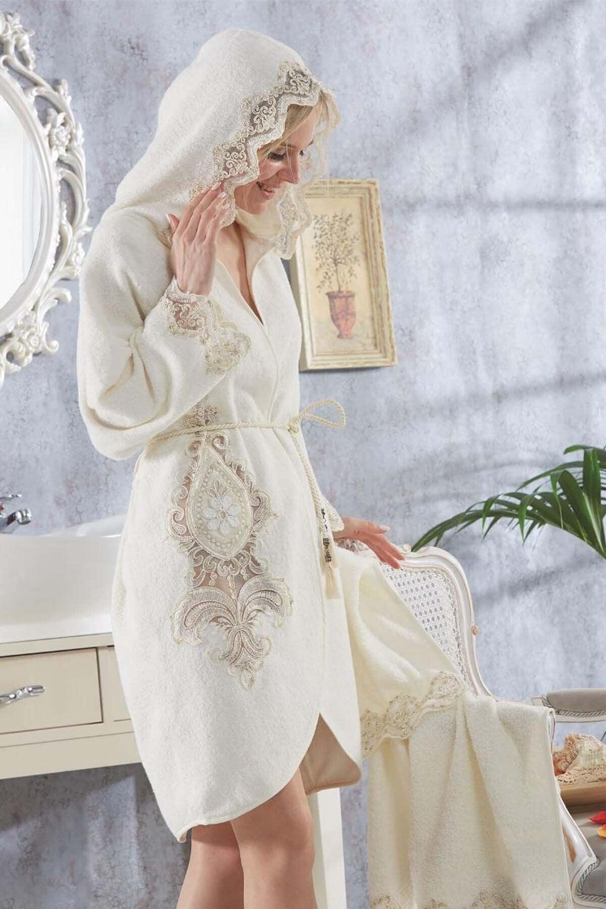 Elenora Cream Ladies French Lace Honeymoon Dowry Fancy Turkish Bath Robe Set - Swordslife