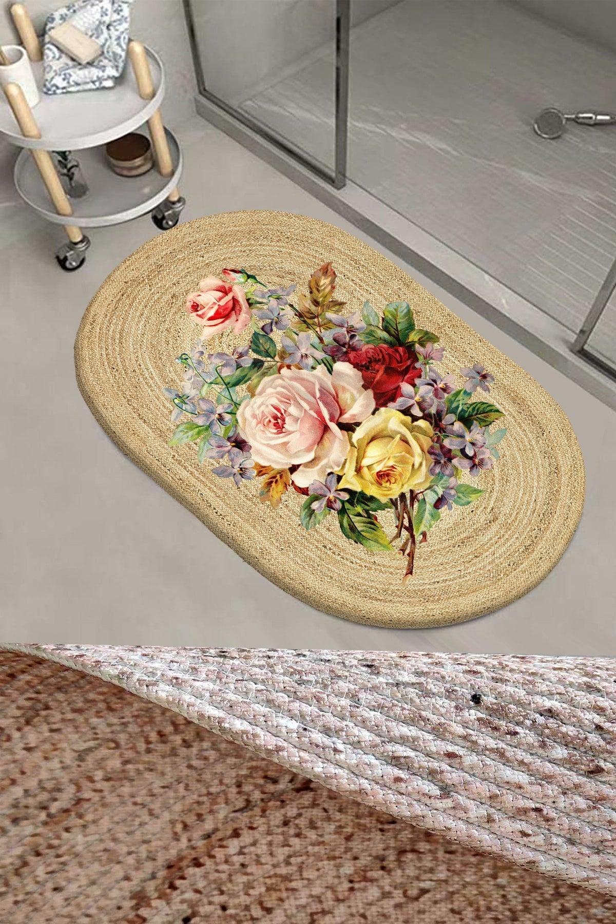 Else Colorful Floral Patterned Rope Straw Jute Knitted Oval Bathroom Rug Toilet Seat Shower Mat - Swordslife