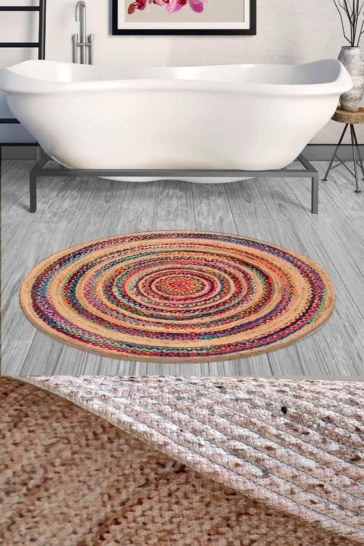 Else Decor Colorful Striped Pattern Rope Straw Jute Knit Round Shower Front Bath Mat 120x120cm - Swordslife