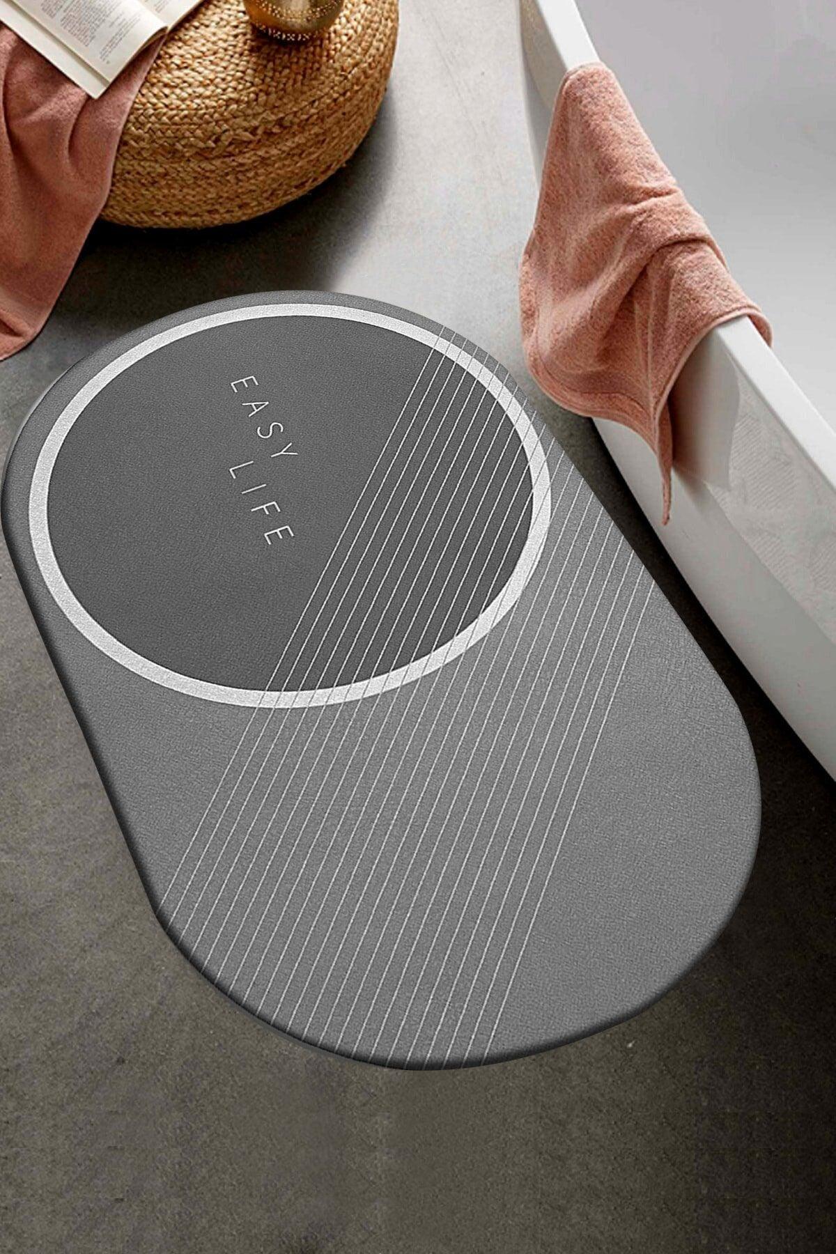 Else Easy Life Gray White Patterned Shower Front Bathroom Carpet Doormat Closet One Piece Oval 60x100cm - Swordslife