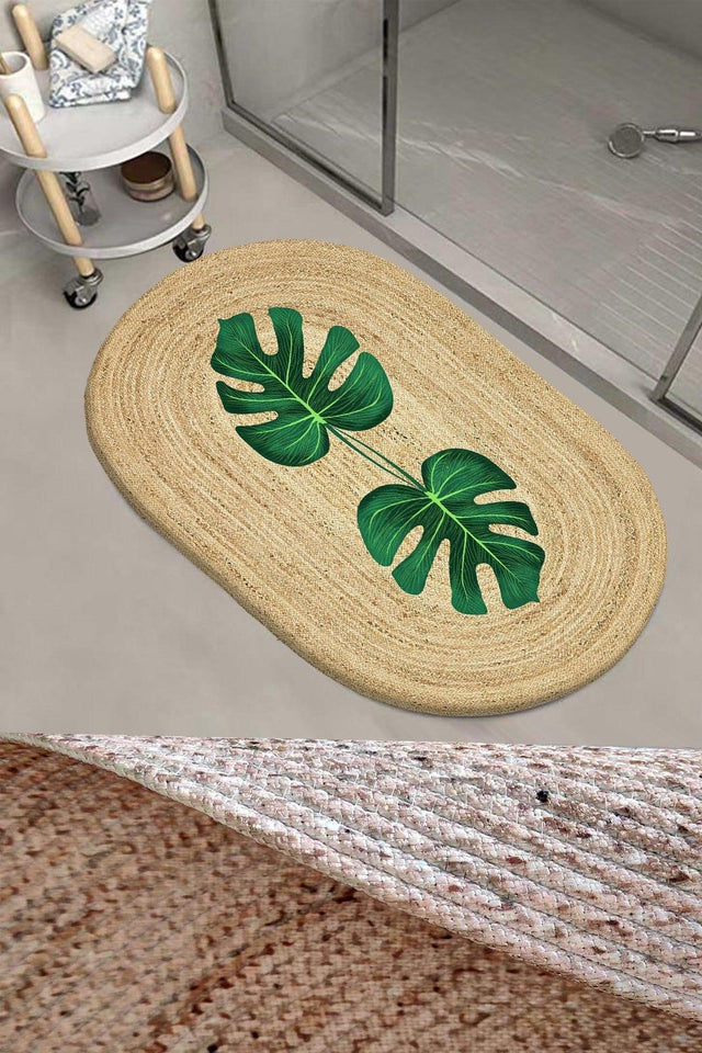 Else Green Leaf Pattern Rope Straw Jute Knit Oval Bathroom Carpet Toilet Seat Shower Front Mat - Swordslife