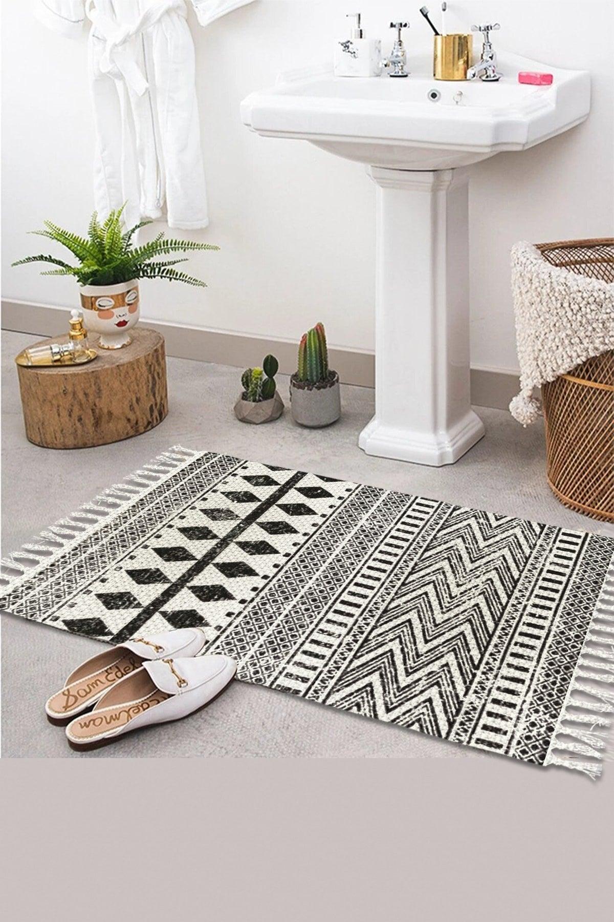 Else Patterned Washable Modern Single Bath Mat Carpet Vintage Woven Rug 50x80cm Byns-08 - Swordslife