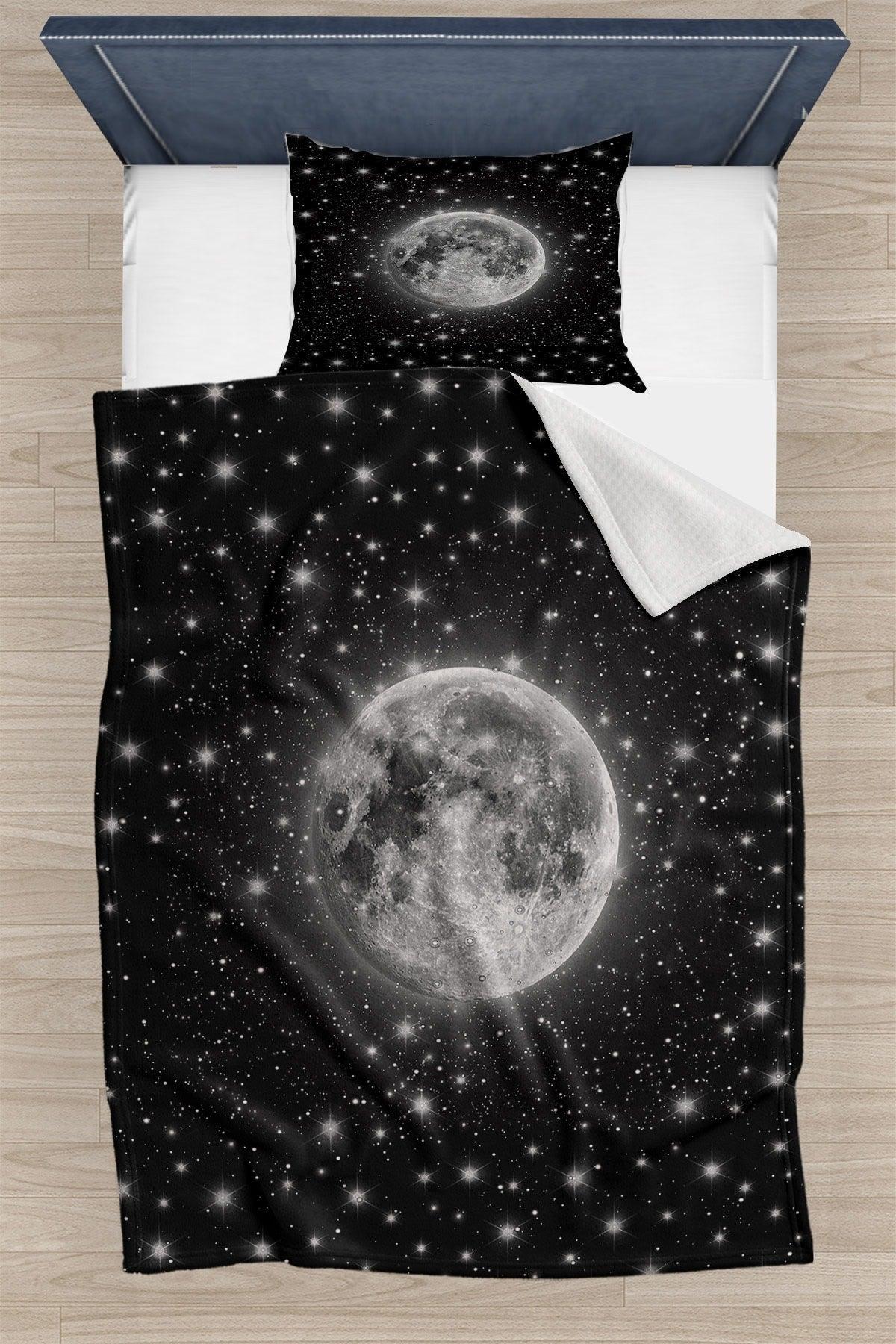 Else Black Gray Space Galaxy Stars Patterned Bedspread Single Pique Set - Swordslife