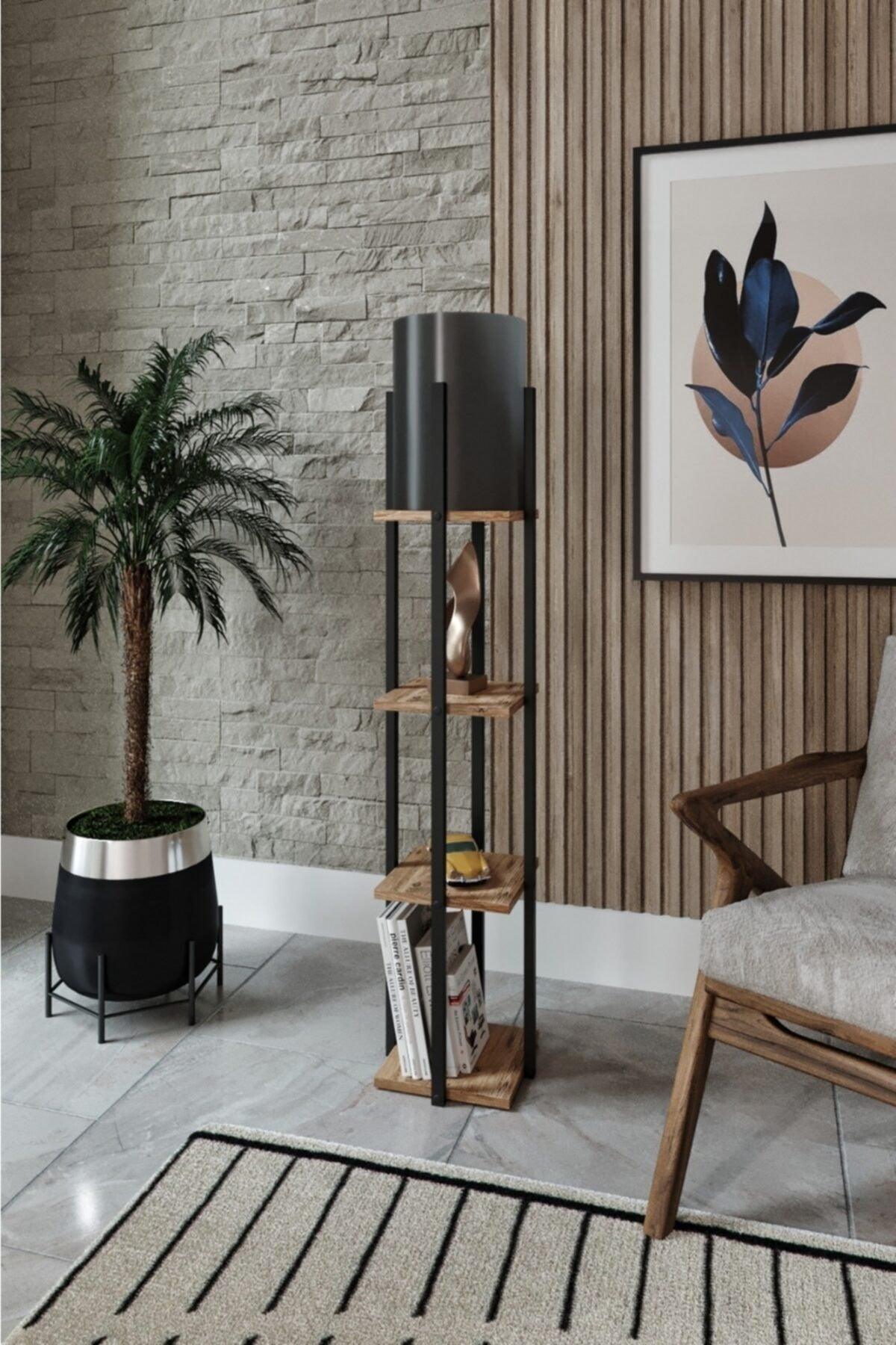 Else Special Series Black Decorative Modern Wooden Mdf 3 Shelf Framed Floor Lamp - Swordslife