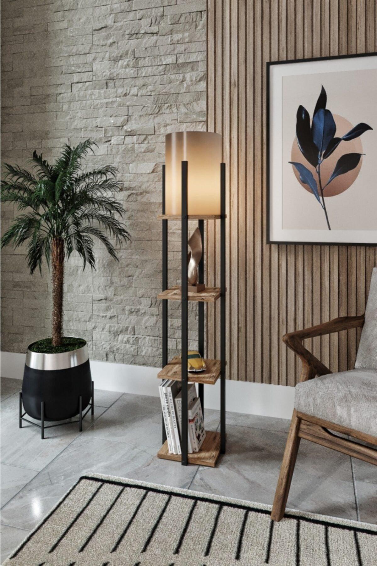 Else Special Series Black Decorative Modern Wooden Mdf 3 Shelf Framed Floor Lamp - Swordslife