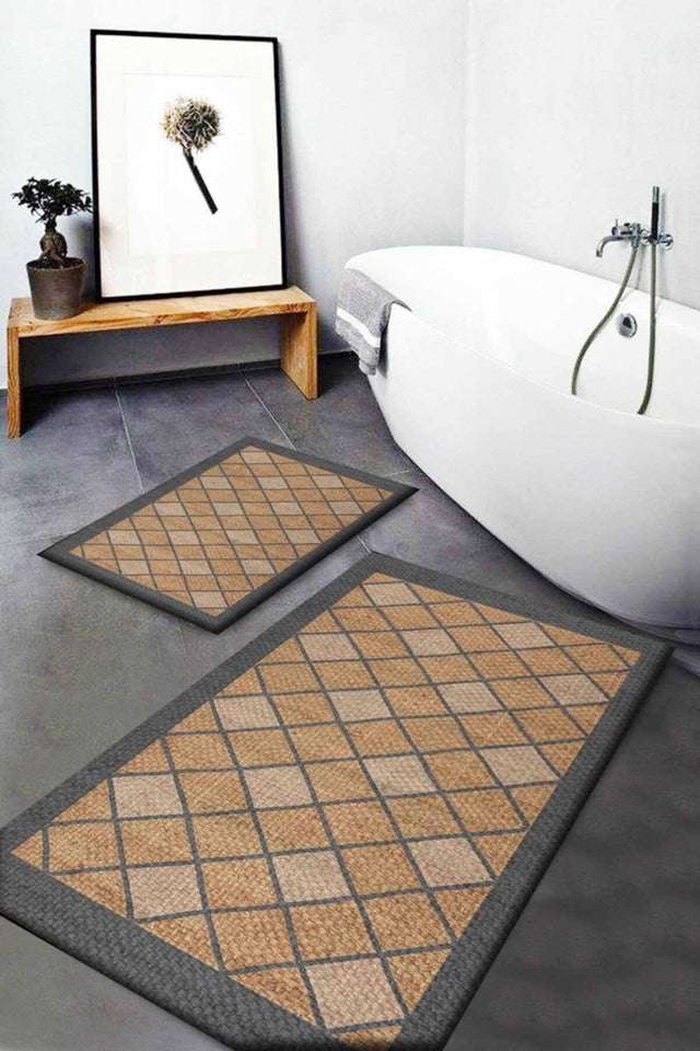 Else Wicker Sisal Jute Patterned Washable Non-Slip Base 2 Pieces Bathroom Carpet Doormat Closet Set Jtsbny-1 - Swordslife