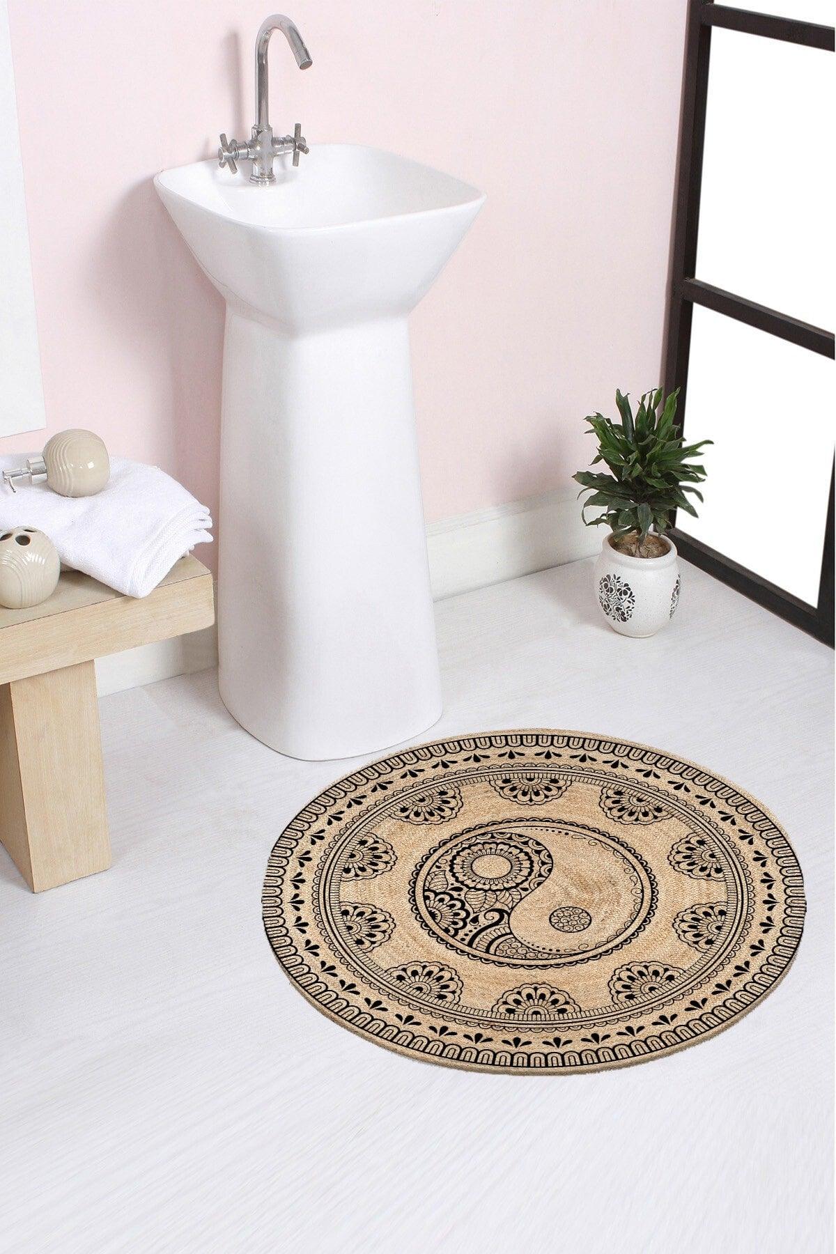 Else Ying Yang Patterned Rope Straw Jute Knit Round Carpet Bath Mat 80x80cm - Swordslife