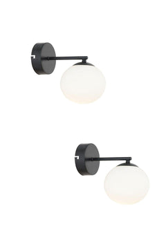 Set of 2 black wall lamps with white glass shades for bedrooms and living spaces