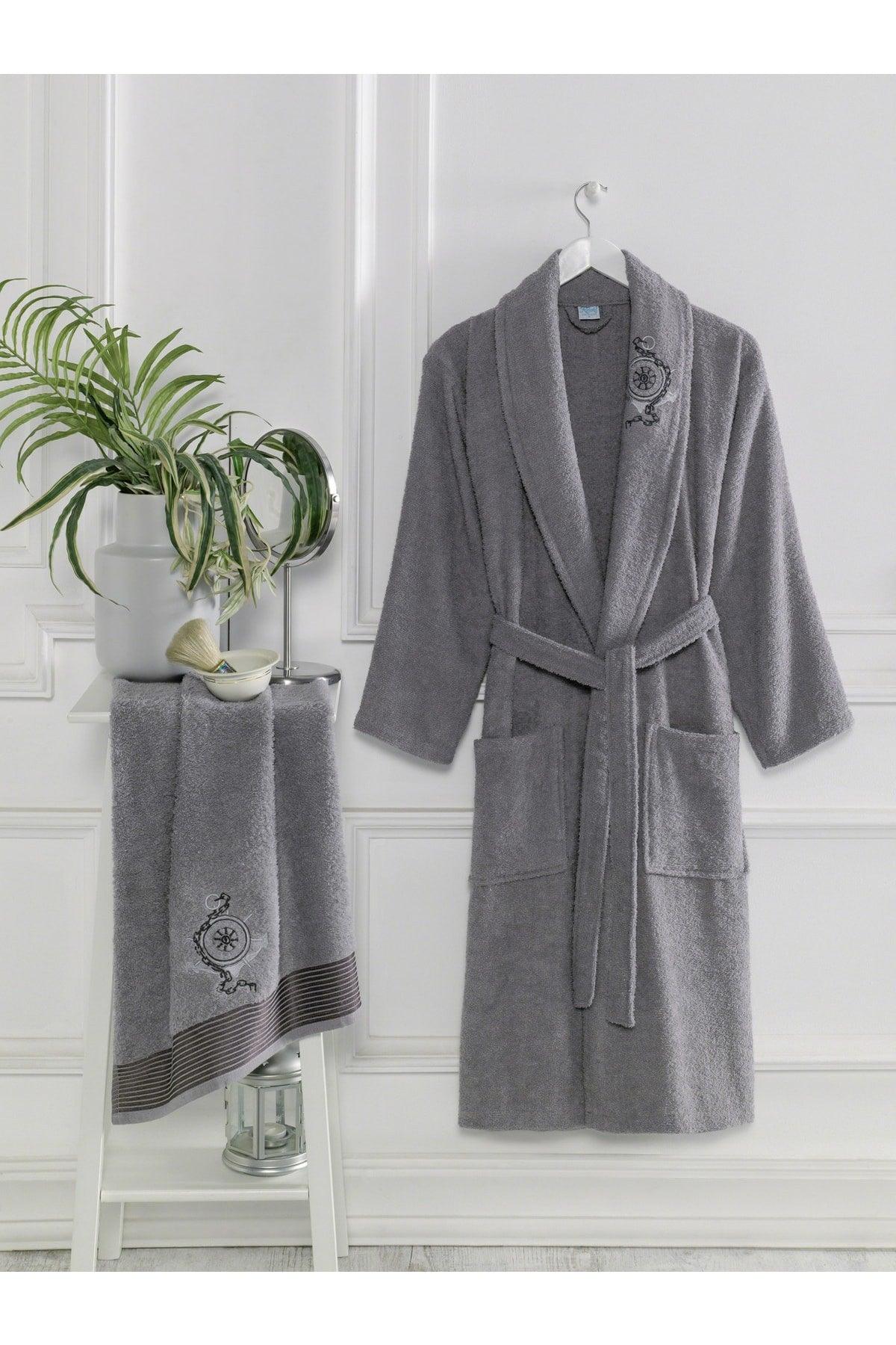 Embroidered Cotton 2 Piece Bathrobe Set | Grey - Swordslife