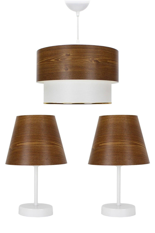 Triple Lampshade And Chandelier Set Wooden Pattern Bedroom Lighting - Swordslife