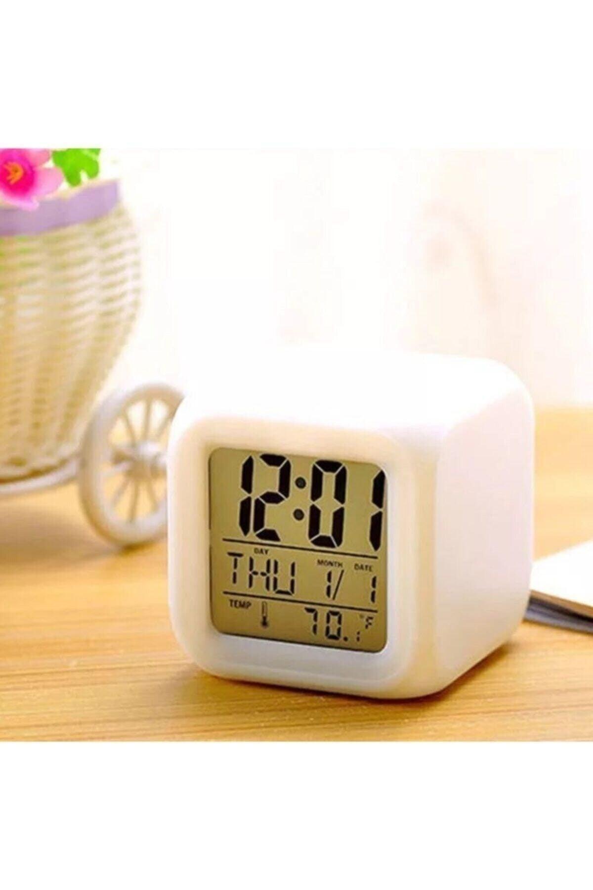 Home Office Desk Clock 7 Color Changing Digital Cube Alarm Clock Night Light Calendar - Swordslife