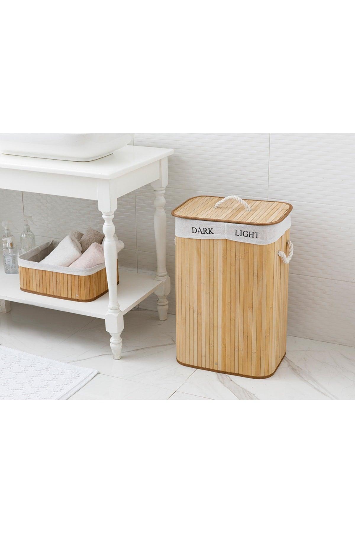 Fancy Bamboo Foldable 2-Compartment Laundry Basket 40x30x60 Cm Beige - Swordslife