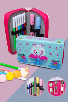 Three-compartment pencil case with pen holder