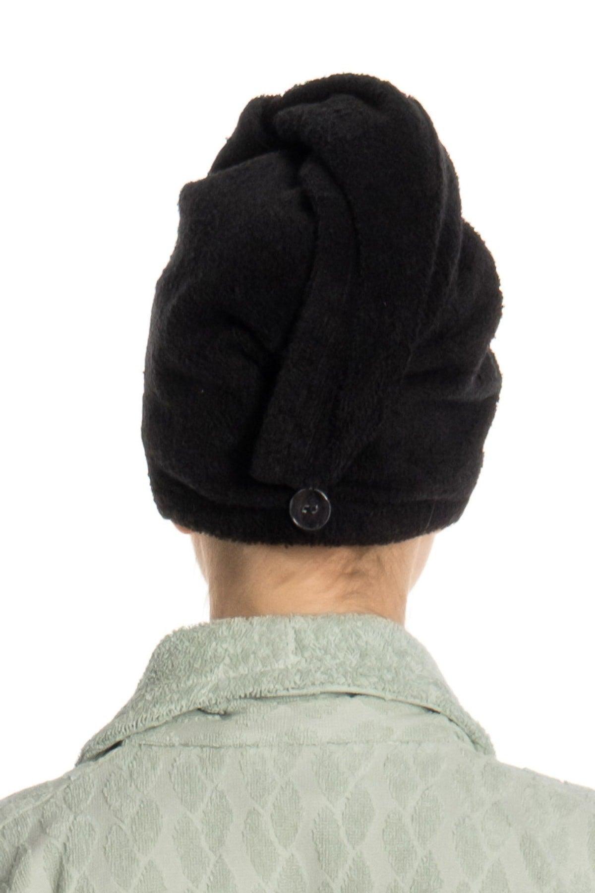 Flat Eponge Button Towel Black Hair Drying Cap - Swordslife