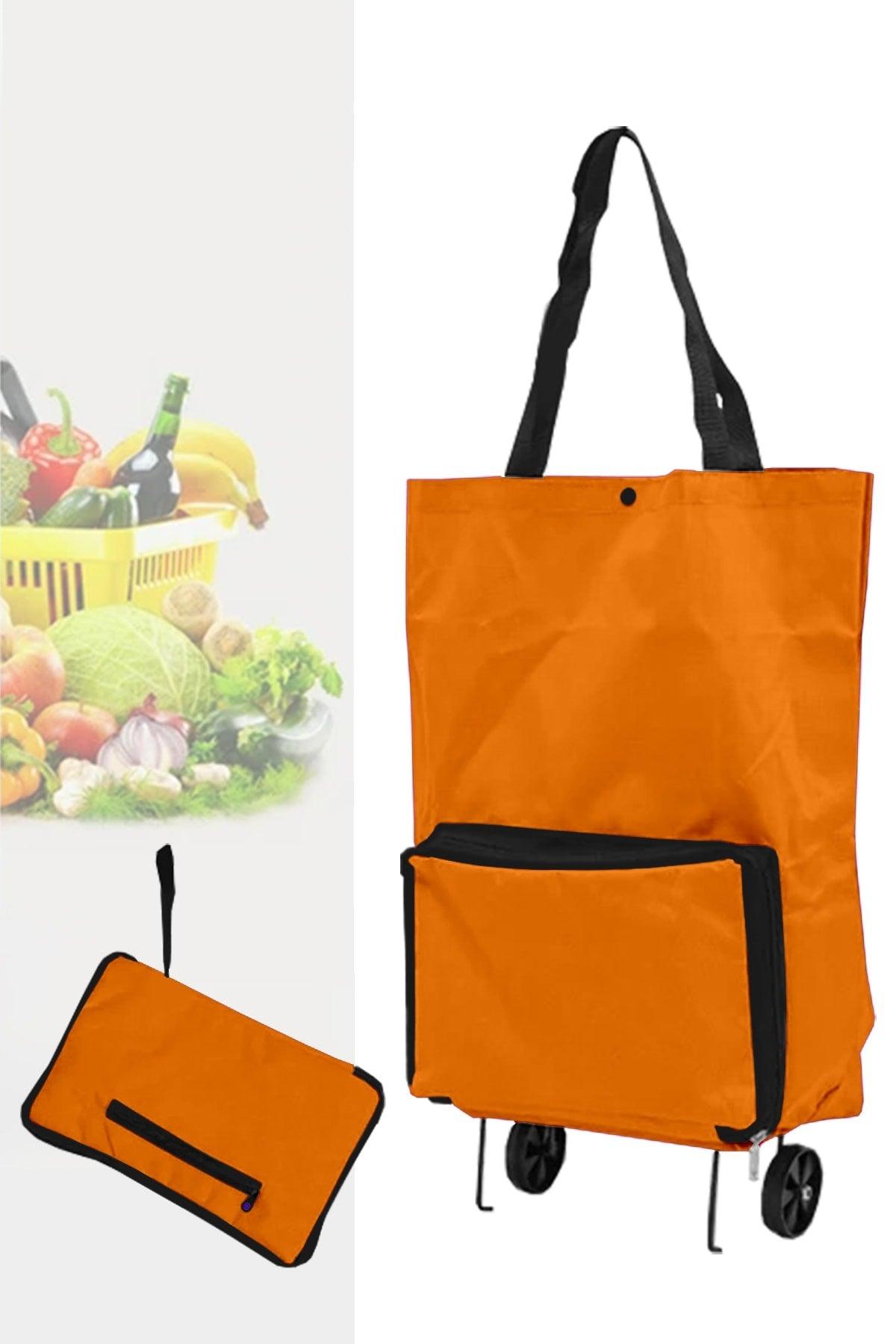 Foldable Wheeled Bag Cart Market Trolley Zippered Market Shopping Bag - Orange - Swordslife