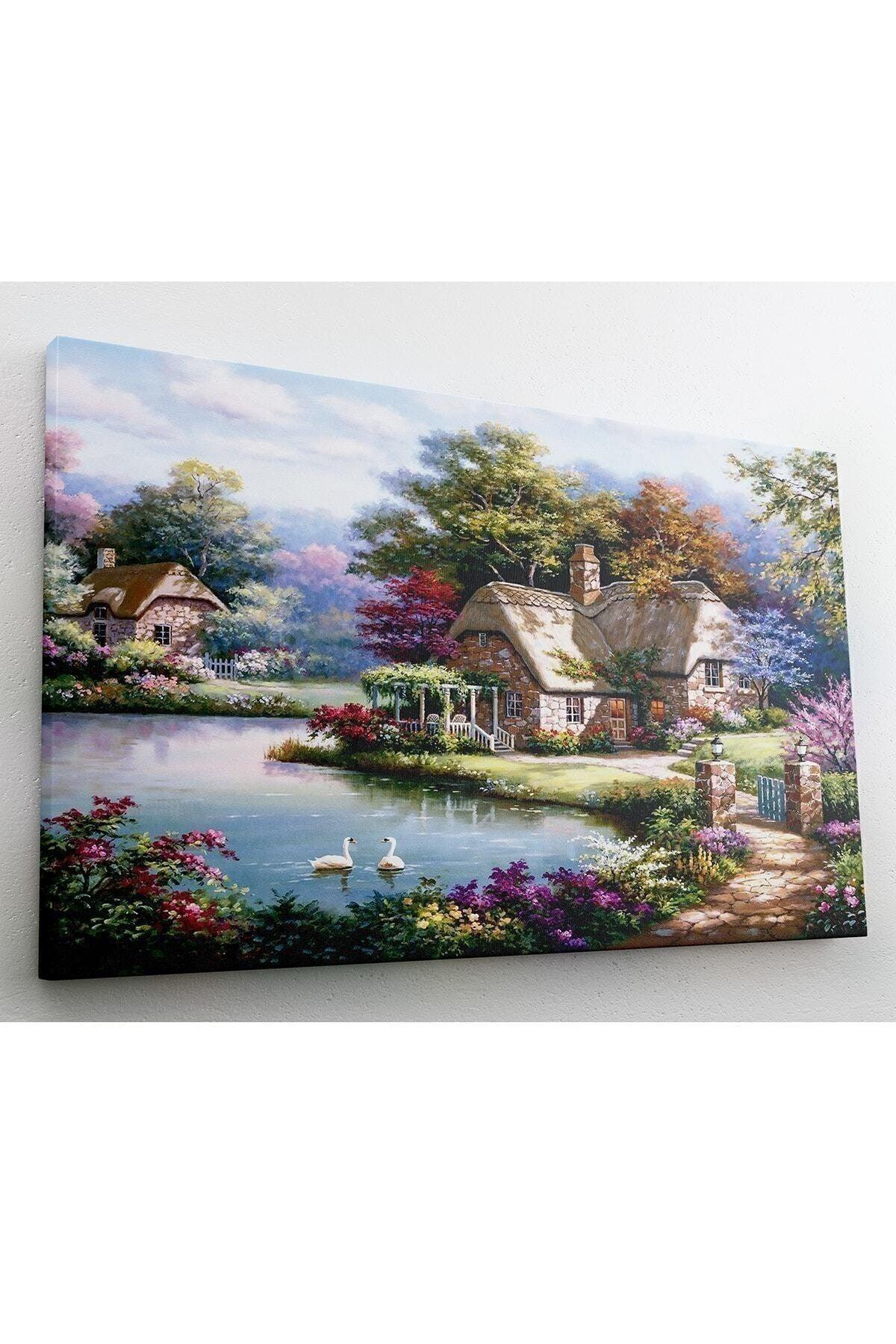 Forest Houses Pond Canvas Painting - Swordslife