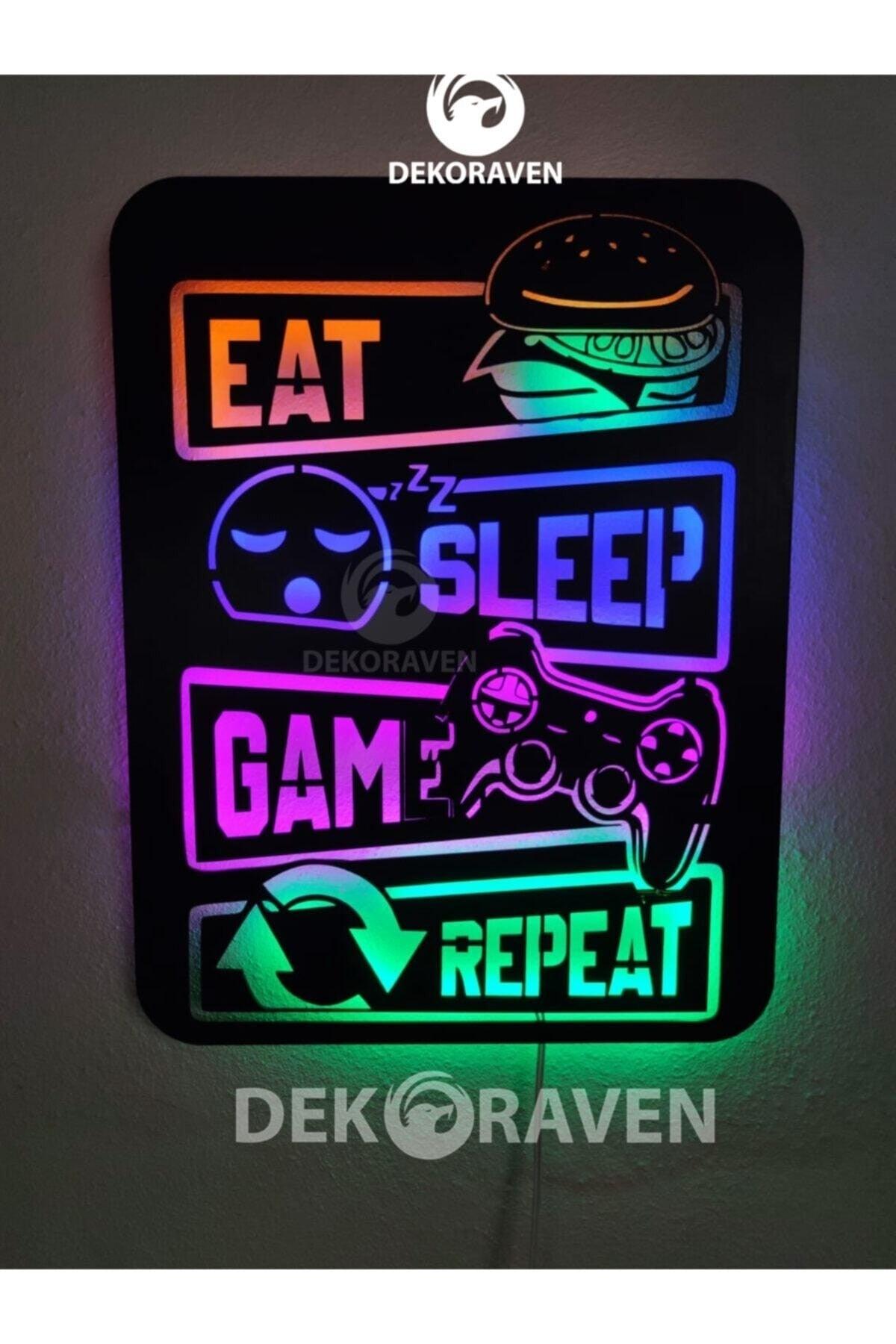 Gamer Led Lighted Wooden Table -eat Sleep Game Repeat 55x40 - Swordslife